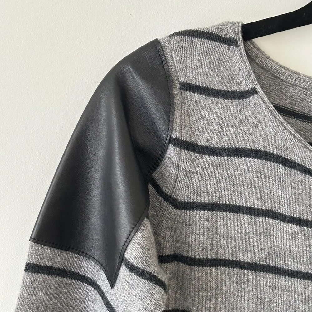 Woolly Minded Wool Cashmere Gray Striped Leather Shoulder Patch Crewneck Sweater